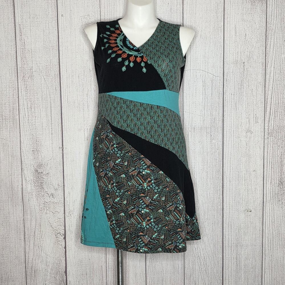 Coline Artsy Patchwork Boho Cotton Stretch Sleeveless Shift Dress, XL